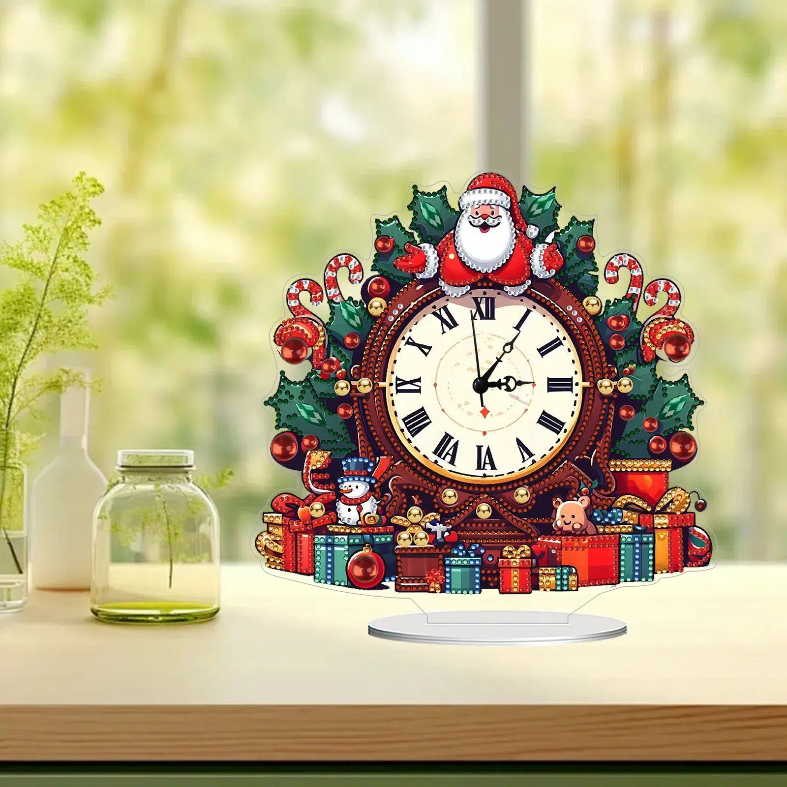 Reloj decorativo de Papá Noel adornado con regalos y detalles navideños