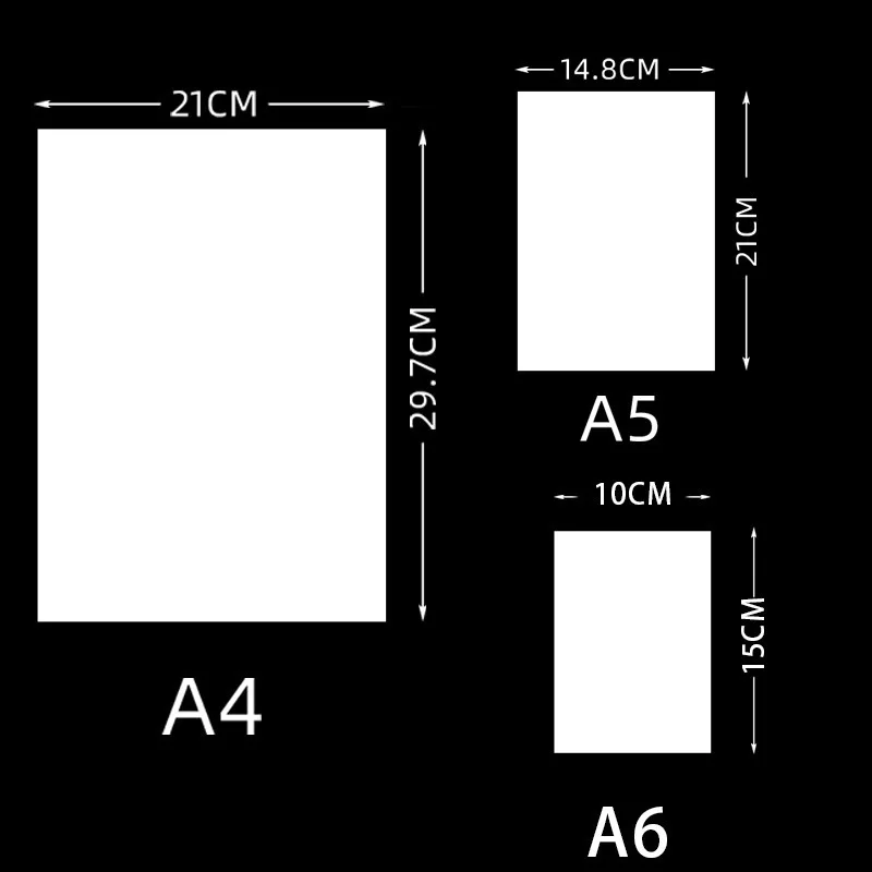 Diagrama de tamaños de hojas A4, A5 y A6 con medidas para separador zonas de manualidad de diamantes