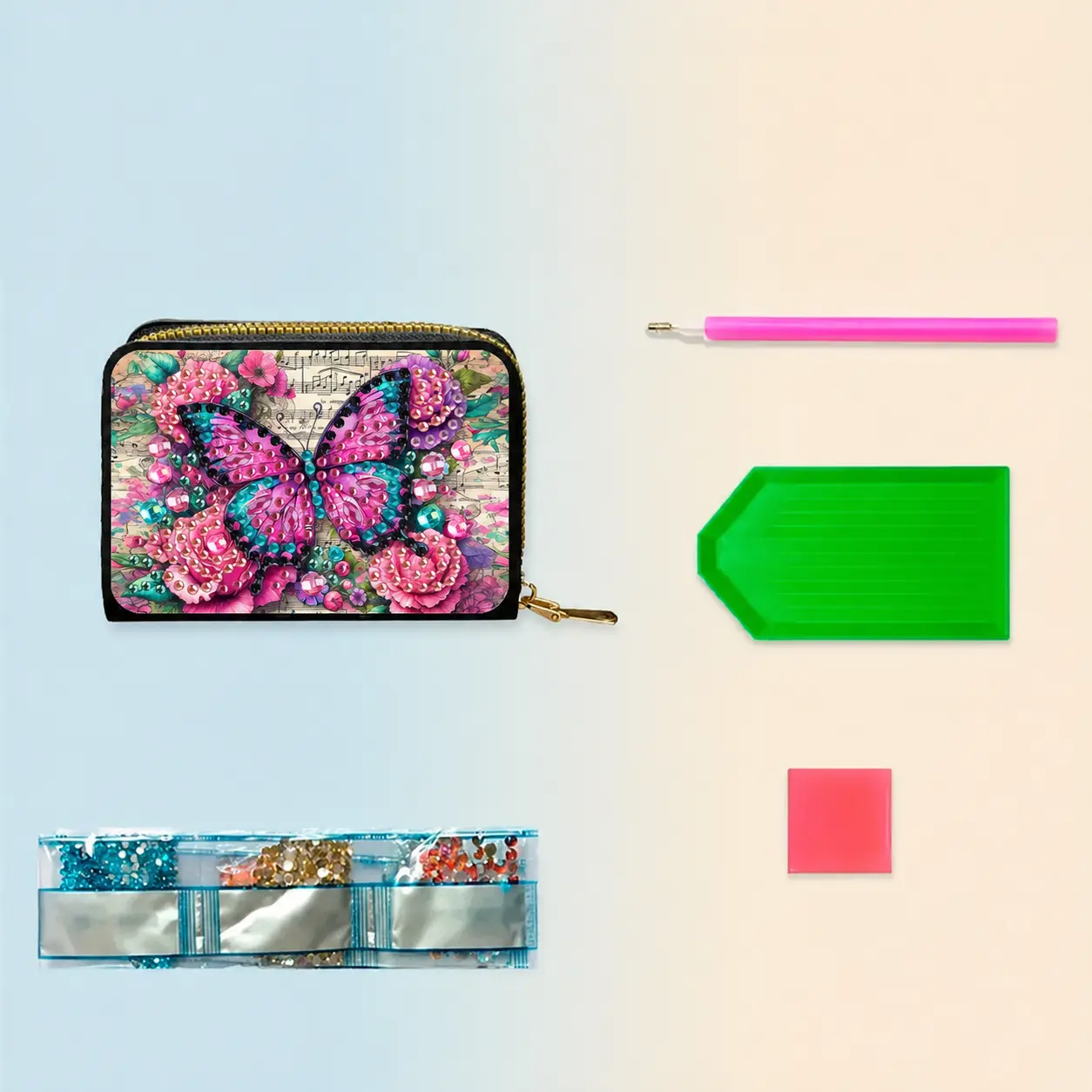 Cartera Mariposa Rosa Tarjetero Diamond Painting - Imagen 3