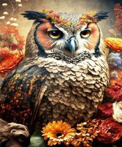 Imagen de un impresionante Cuadro Buhos Flores de Fantasía Diamond Painting, donde un búho majestuoso está rodeado de vibrantes flores de colores en un estilo artístico detallado y encantador.
