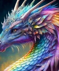 Una majestuosa criatura de fantasía con escamas brillantes de colores del arcoíris, cuernos plateados intrincadamente detallados, exhibiendo una expresión sabia y mística, representa un Cuadro Dragon Diamond Painting.