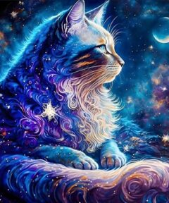Imagen de un majestuoso gato azul descansando bajo un cielo estrellado con luna, capturado en un estilo artístico vibrante, titulado 'Cuadro Gato Noche Estrellas Diamond Painting'.