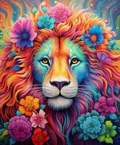 León multicolor con vibrante melena decorada con flores variadas sobre un fondo psicodélico, destacando sus ojos amarillos y patrones abstractos que sugieren movimiento, en el Cuadro León Florido Diamond Painting.
