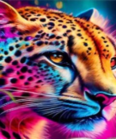 Cuadro Leopardo Colorido Diamond Painting que muestra un leopardo en vibrantes tonos de rosa, azul y amarillo, resaltando sus expresivos ojos y detallado pelaje en una interpretación artística llamativa.