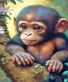 Chimpancé bebé descansando sobre una rama de árbol rodeada de hojas verdes y flores moradas, con un fondo difuminado en tonos cálidos, 'Cuadro Monito Diamond Painting'.