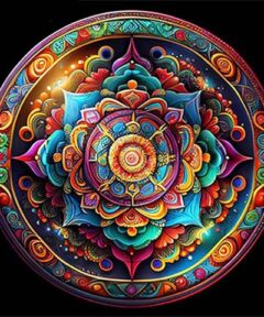 Imagen vibrante de un Cuadro Mosaico Mandala Diamond Painting lleno de detalles intrincados y colores brillantes en un diseño circular hipnótico.