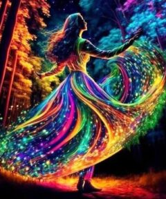 Mujer de fantasía con vestido multicolor resplandeciente, bailando entre un bosque iluminado, evocando un aura mágica y etérea en el "Cuadro Mujer Baile en la Naturaleza Diamond Painting".