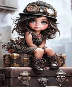 Niña de fantasía con un estilo steampunk, vestida con un casco con gafas y botas robustas, sentada sobre una pila de maletas decorativas; Cuadro Niña Vintage Diamond Painting.