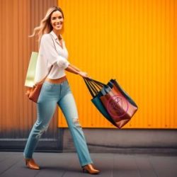 Mujer sonriente paseando con bolsas de compras, vestida con blusa blanca y jeans, caminando frente a un vibrante fondo naranja.