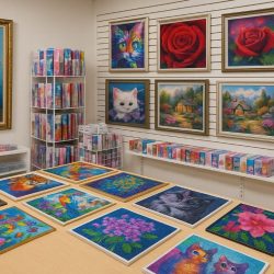 Exposición en tienda con kits y cuadros de arte de diamante enmarcados, ideal para encontrar las Mejores Tiendas de Punto de Cruz de Diamante